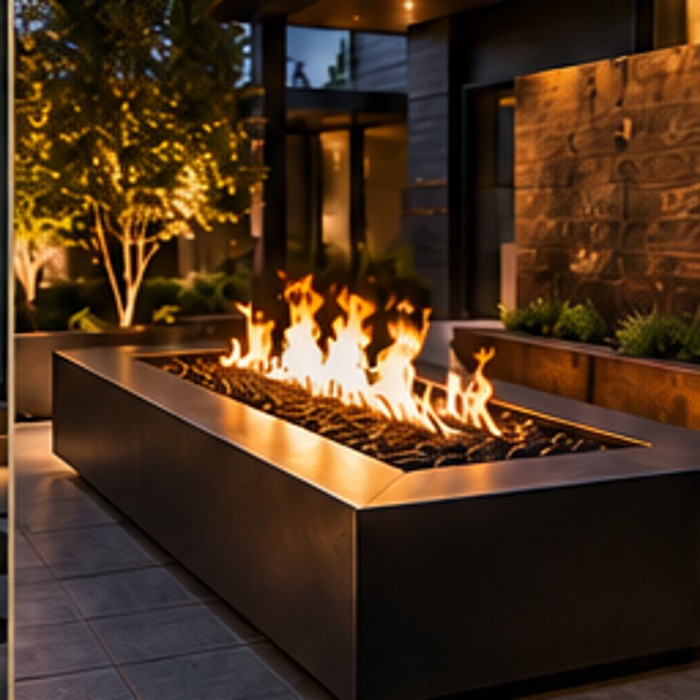 Modern rectangular outdoor fire feature