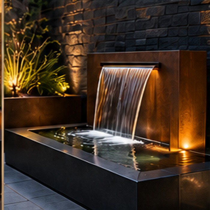 Contemporary metal waterfall feature